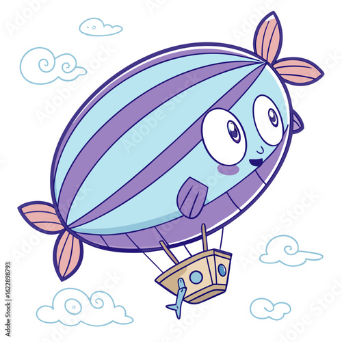Cute cartoon blimp with a happy face flying in the sky