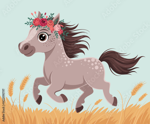 A charming pony adorned with a beautiful floral crown, galloping through soft golden fields, embodying joy, freedom, and the beauty of nature in a playful scene.