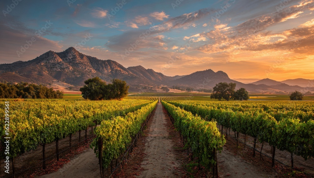 Fototapeta premium A picturesque vineyard stretches towards distant mountains under a vibrant sunset sky, showcasing the beauty of rural agriculture and scenic landscapes.