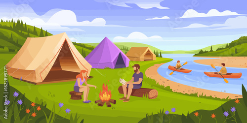 A peaceful camping scene set by a river, featuring tents, a campfire, and people enjoying outdoor activities like kayaking, encapsulating a joyful and adventurous spirit.
