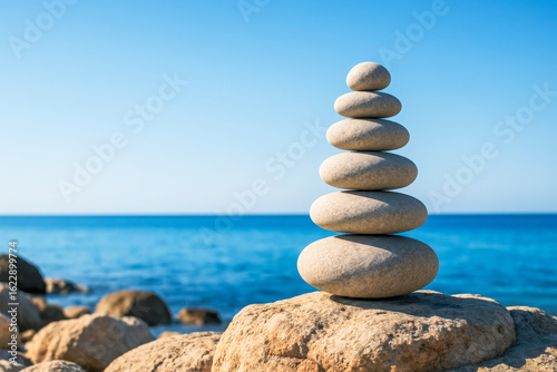 High-resolution photo of smooth stones stacked in perfect balance on a rocky beach with a calm blue ocean and clear sky. A peaceful representation of mental clarity, emotional balance