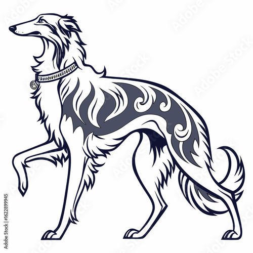Elegant borzoi dog with tribal markings and ornate collar