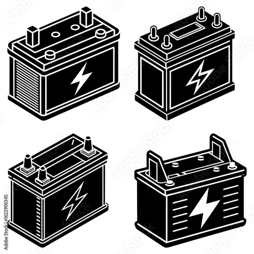 Isometric view of four car batteries with lightning bolt symbol in black and white design style