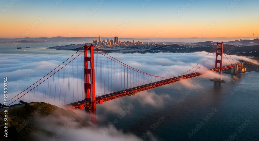Fototapeta premium Golden Gate Bridge: Aerial View Sunrise Foggy San Francisco
