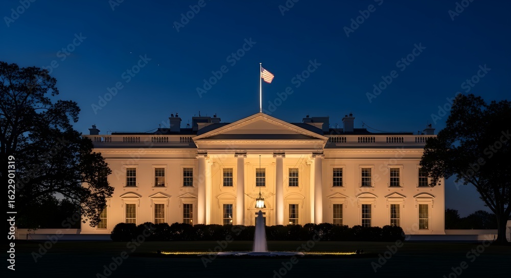 Naklejka premium The White House: Iconic American Government Building Night Illumination