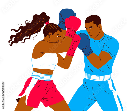 This image captures the intensity of a boxing match between two fighters, showcasing their focus, determination, and the athleticism of both participants in the ring.