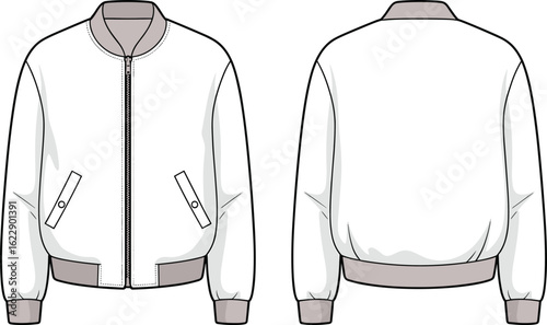Men's bomber jacket flat sketch with button flap pockets, front and back view, ideal for fashion design CAD vector illustration.
