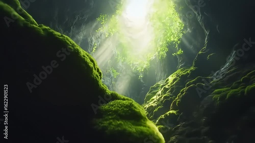 Sunlight streams through a moss-covered cave