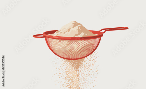 The image features a red mesh strainer holding a mound of flour, with flour sifted through it, illustrating the process of baking and the attention to detail required in cooking.