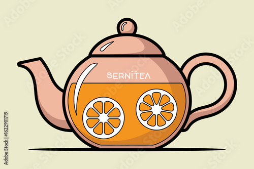 This captivating design features a teapot elegantly filled with liquid and adorned with orange slices, representing relaxation, warmth, and the experience of tea culture.