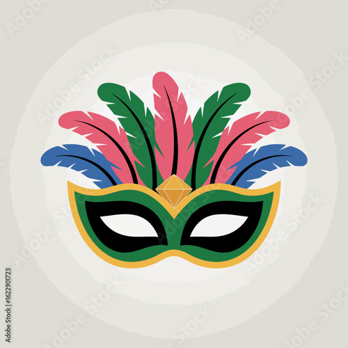 A vibrant and decorative carnival mask adorned with colorful feathers in pink, green, and blue, reflecting festive spirit and celebration of cultural events and traditions.