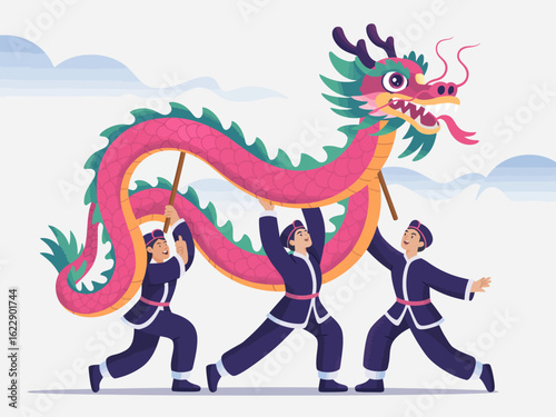 A vibrant representation of a dragon dance performed during a cultural festival, showcasing tradition, teamwork, and celebration through dynamic movements and bright colors.