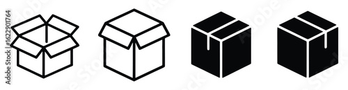 Vector art of isometric cardboard boxes in various states, including open, closed, and partially open, isolated on white background, representing shipping, delivery, and storage solutions for business