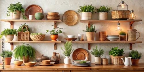 Wallpaper Mural Stylish rustic kitchen shelves adorned with potted greenery, wooden bowls, plates, and woven baskets, creating a calming and inviting ambiance Torontodigital.ca