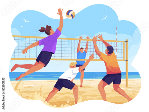 Dynamic beach volleyball scene capturing players leaping and engaging in spirited play, reflecting teamwork, energy, and liveliness during a sunny beach outing.