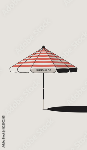 A bright red and white striped sunshade stands at the beach, perfect for relaxation under the sun, representing leisure, comfort, and enjoyment of outdoor summer activities.