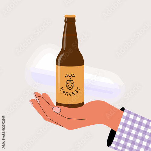 An artistic representation shows a hand presenting a craft beer bottle labeled 'Hop Harvest', capturing the essence of artisanal brewing in a stylish manner.