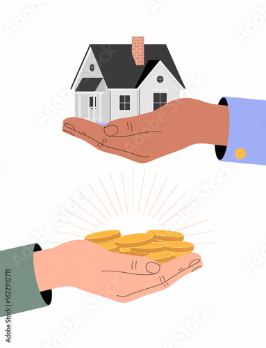 Two hands perform a symbolic exchange of a house and coins, representing financial transactions, investments, and the journey towards home ownership and economic aspirations.