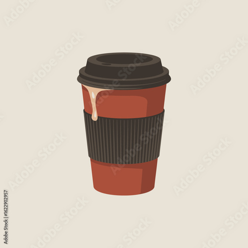A trendy coffee cup illustration with a spill, ideal for branding or promoting coffee shops and takeaway beverage services.