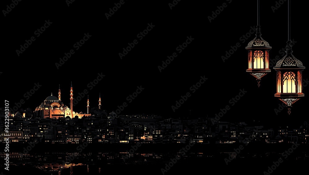 Obraz premium Night cityscape with mosque and lanterns