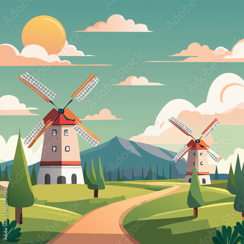 Vector Illustration of Wind Mills on a Grassy Hill – Minimal Flat Design Renewable Energy Scene with Blue Sky and Clouds