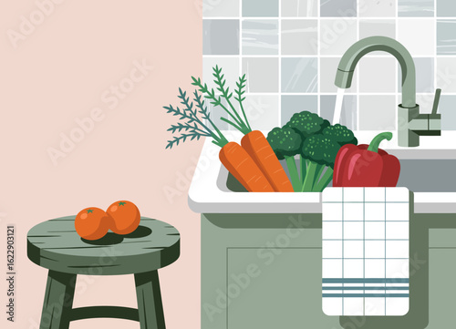 A visually appealing illustration showcasing a kitchen sink filled with fresh vegetables like broccoli and carrots, symbolizing health, nutrition, and culinary preparation in modern kitchens.