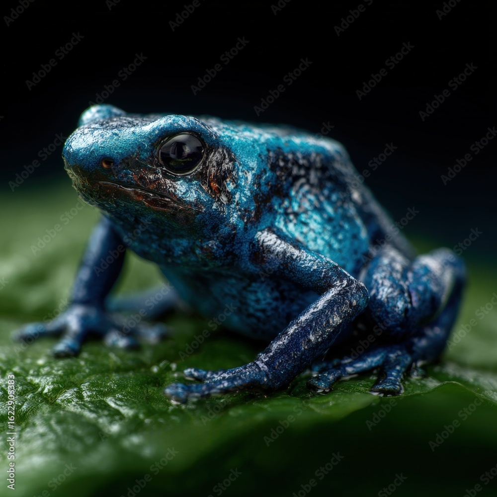 Fototapeta premium Vibrant Blue Poison Dart Frog on Green Leaf in Tropical Environment