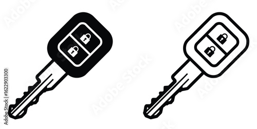Illustration of two car keys with remote lock and unlock buttons, one in black and one in white, showcasing vehicle security isolated on white background