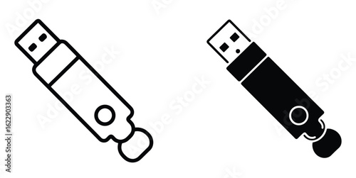 Illustration of two usb flash drives with a unique design, one in black and one in white, showcasing a portable storage device isolated on white background