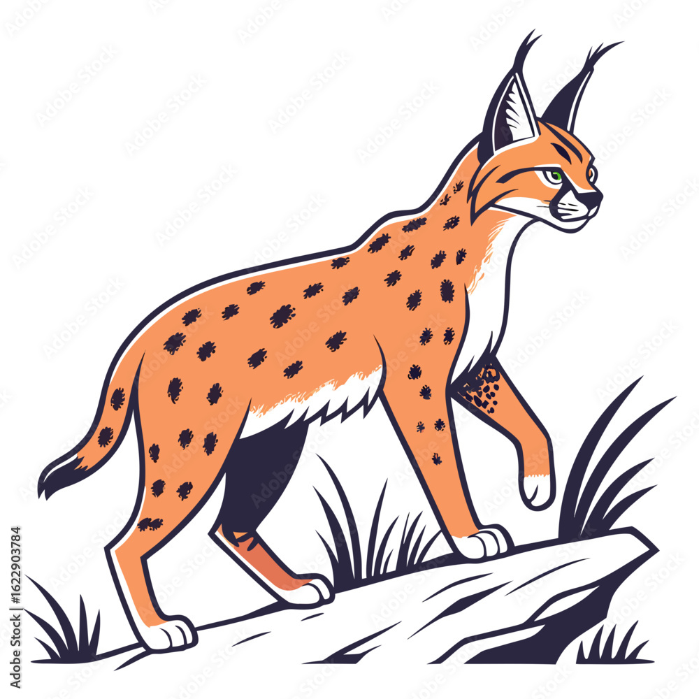 Fototapeta premium Stylized lynx walking on a rock with grass