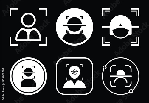 Facial Recognition Icons Depicting Identification Technology and Face Scanners, Representing Security and Technological Advancement