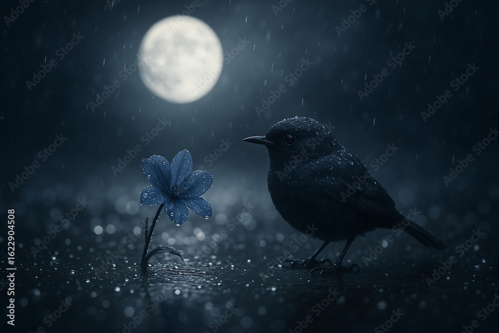 Fototapeta premium Silhouette of small bird beside delicate blue flower in gentle rain under full moonlight evoking solitude peace and emotional night scene in magical atmosphere