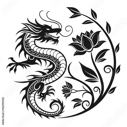 Elegant black dragon embraces lotus flowers in circular design