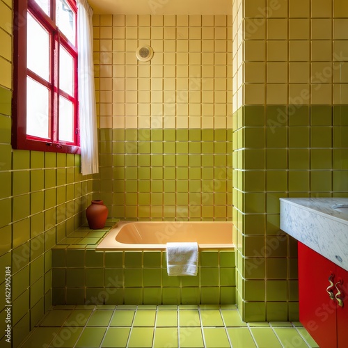 Retro bathroom in avocado green and saffron yellow, a terracotta vase sits near a window with a red frame, a white towel hangs on the side of the tub