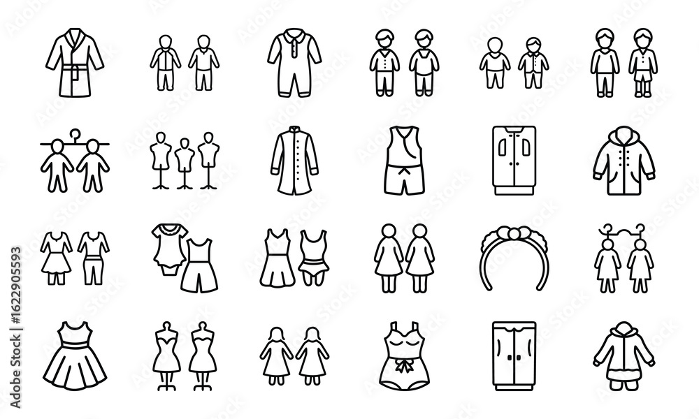 Fototapeta premium Line Style Baby and Kids Clothing Icons Set – Vector Outfit and Wardrobe Collection for Children, Boys, Girls, and Toddlers