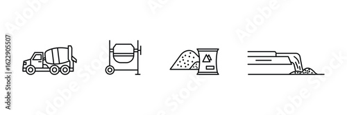 Concrete mixing and cement construction equipment icon vector illustration set with truck sand mixer pouring process in outline linear design.