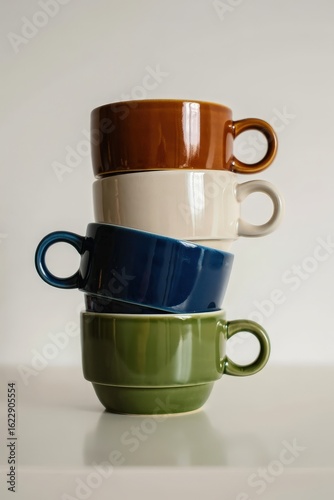 Stacked ceramics in autumnal shades create a calming, colorful still life for a cafe