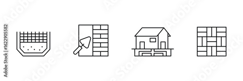 Structural base and masonry building foundation icon vector illustration set with concrete layer house brickwork construction plan in outline style.