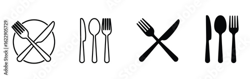 Illustration of various cutlery arrangements, including crossed knife and fork, spoon, knife, and fork combinations, isolated on white background