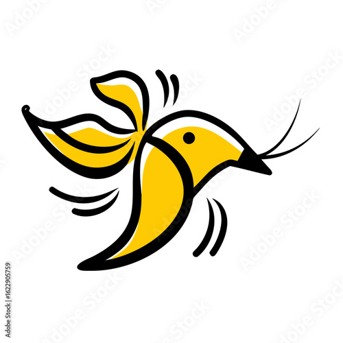 Stylized yellow bird silhouette with flowing tail feathers on black background