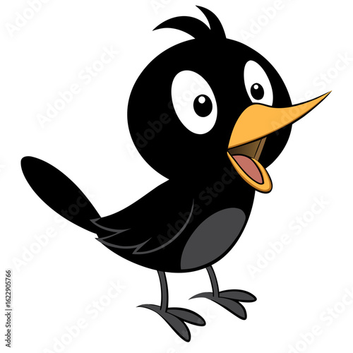 Cute cartoon black bird with big eyes and open beak