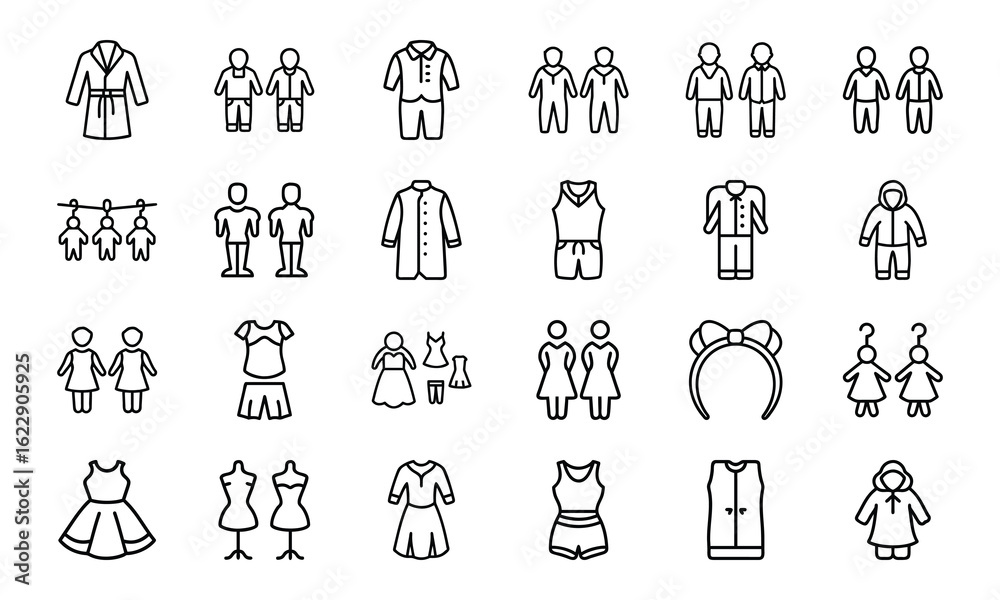 Line Style Baby and Kids Clothing Icons Set – Vector Outfit and Wardrobe Collection for Children, Boys, Girls, and Toddlers Line Style Baby and Kids Clothing Icons Set – Vector Outfit and Wardrobe Collection for Children, Boys, Girls, and Toddlers