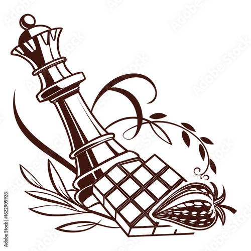 Chess queen and chocolate bar with strawberry and flourishes