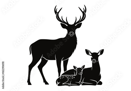 Vector art of silhouette of a stag with antlers standing next to a doe and a fawn resting, isolated on white background