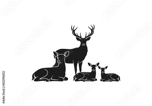 Vector art of a majestic stag with large antlers stands proudly beside three resting deer, including two fawns, isolated on a white background