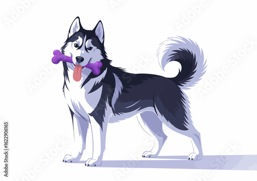 A striking illustration of a husky dog proudly holding a purple bone, capturing the playful essence and loyalty of pets in an energetic and vibrant style.