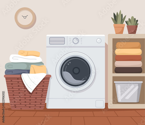 This image showcases a bright laundry room featuring a modern washing machine, neatly folded towels, and decorative plants, creating a warm and inviting atmosphere.