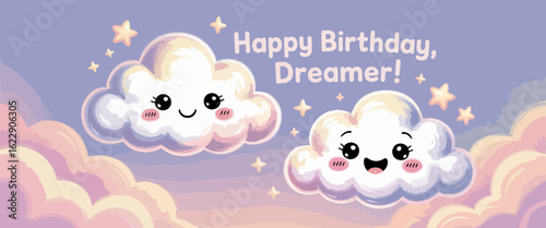 Adorable, smiling clouds wishing a dreamer a happy birthday with a pastel sky backdrop. Perfect for birthday celebrations, joy, and cheerful messages in illustrations.