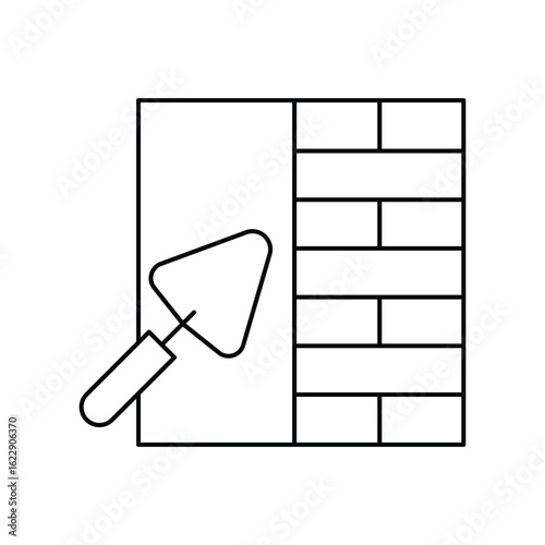 Brick wall construction icon with masonry trowel and building blocks structure in outline style vector illustration for architecture concept set.