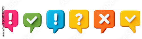 A diverse set of colorful 3D communication icons. Featuring speech bubbles with check marks, crosses, questions, and exclamations for feedback.